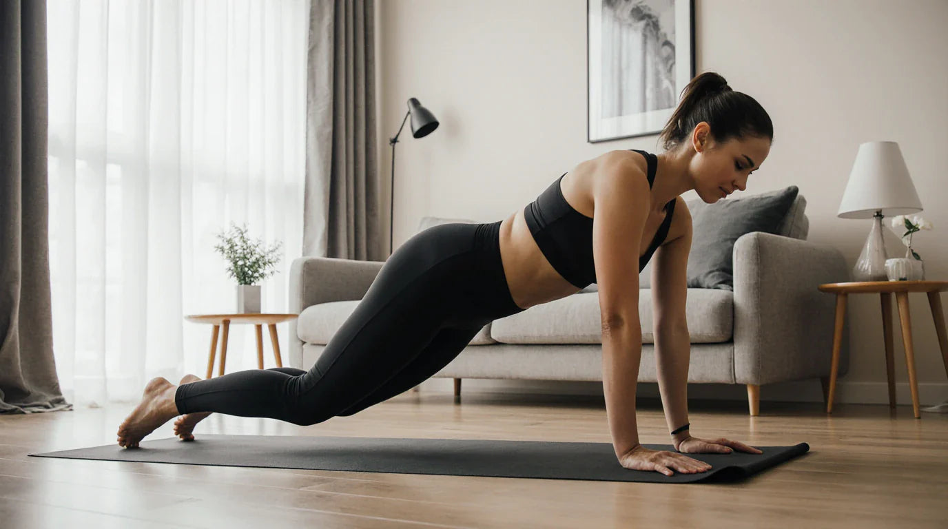Carnet d’entraînement posé à côté d’un tapis de Pilates dans un intérieur lumineux